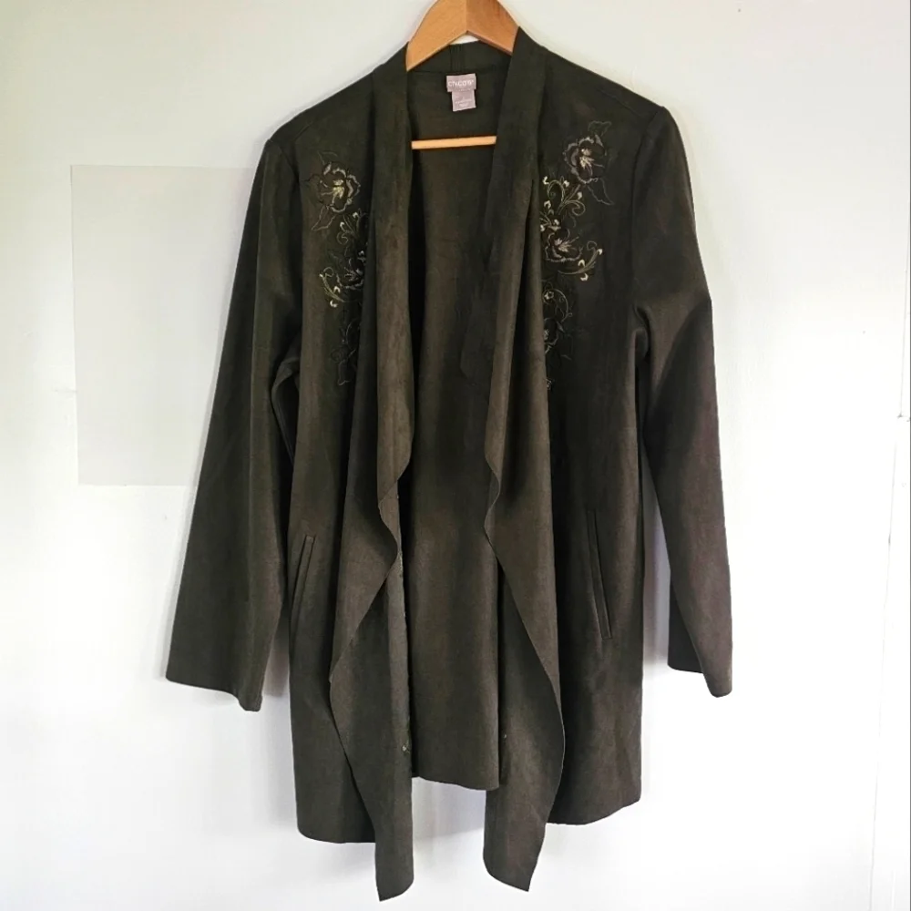 Chico's Faux Suede Green Open Waterfall Embroidery Women's Cardigan Size 2